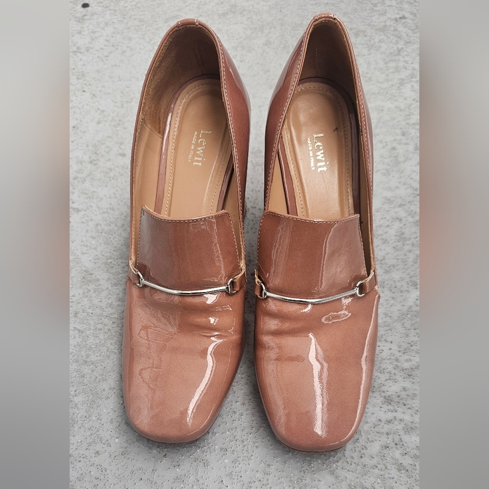 Lewit Amara-Elegant Blush Patent Leather Block Heel Loafers Womens Size 38~ US 8